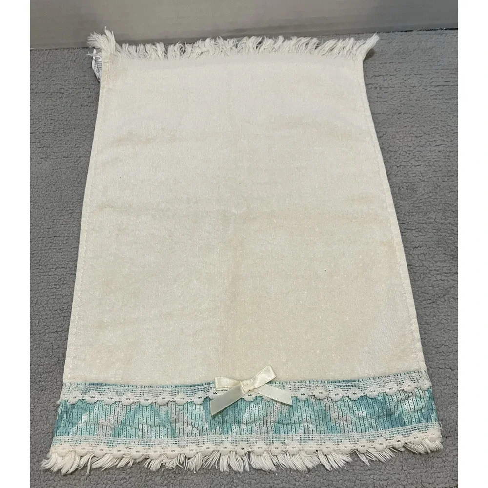 Cannon Bath Hand Towel Cream Fringe Lace Trim Aqua Ribbon Accent Cotton Vintage